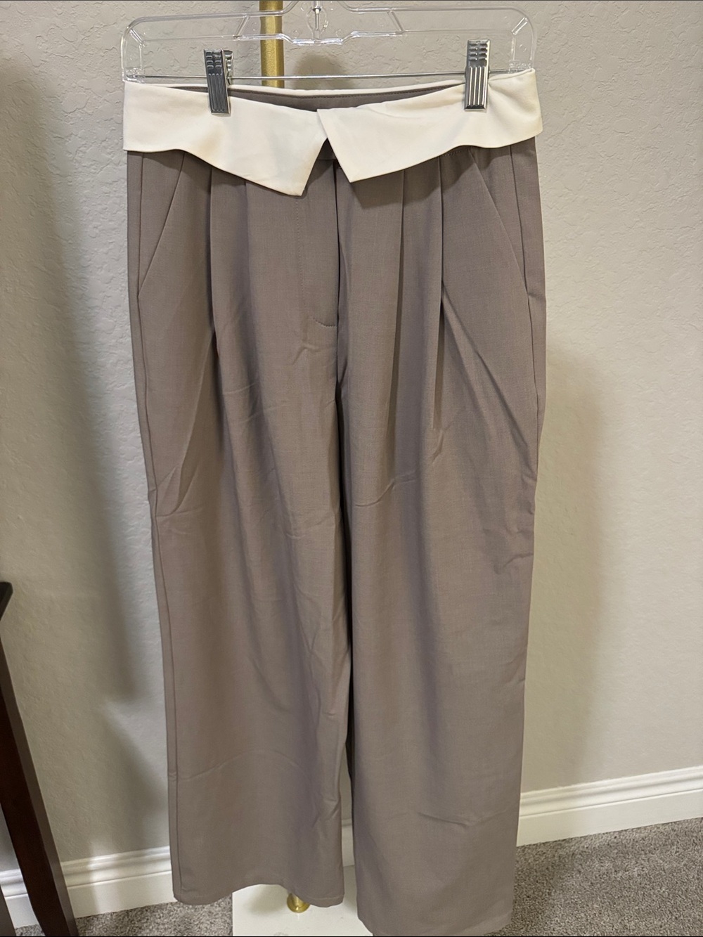 Wide-Leg Trousers with Contrast Waistband - Taupe & Cream